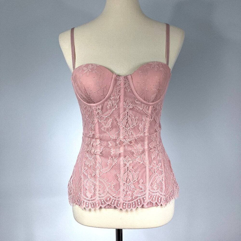 LDTJ Pink Lace Boned Corset Bustier Top Medium Large Strapless Lingerie Zip